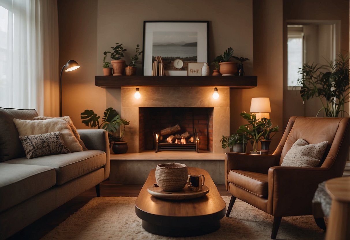 A cozy living room with a mix of vintage furniture and pre-loved pieces. Warm lighting and earthy tones create a welcoming atmosphere