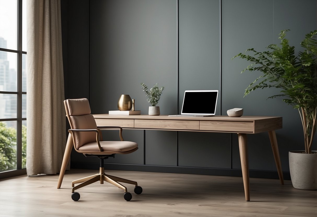 A sleek, minimalist desk with clean lines and a low profile chair in a muted color palette, accented with natural wood and subtle metal details