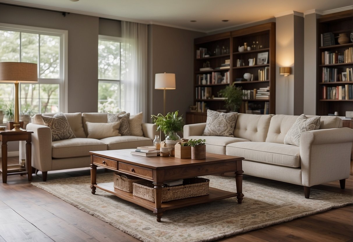 A living room with a sofa, coffee table, and bookshelf. A lamp provides soft lighting, and a rug adds warmth to the hardwood floor