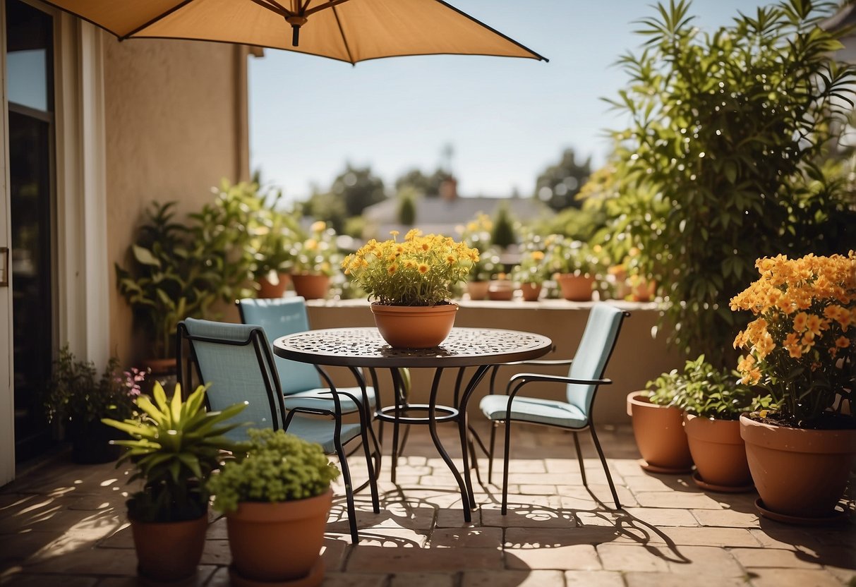 A patio set with table, chairs, and umbrella, surrounded by potted plants and a grill. Sunshine and blue skies create a warm, inviting atmosphere