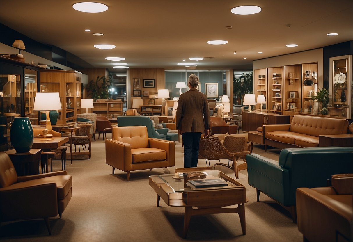 A person browsing through a collection of mid-century modern furniture in a vintage store, examining the sleek lines and elegant designs