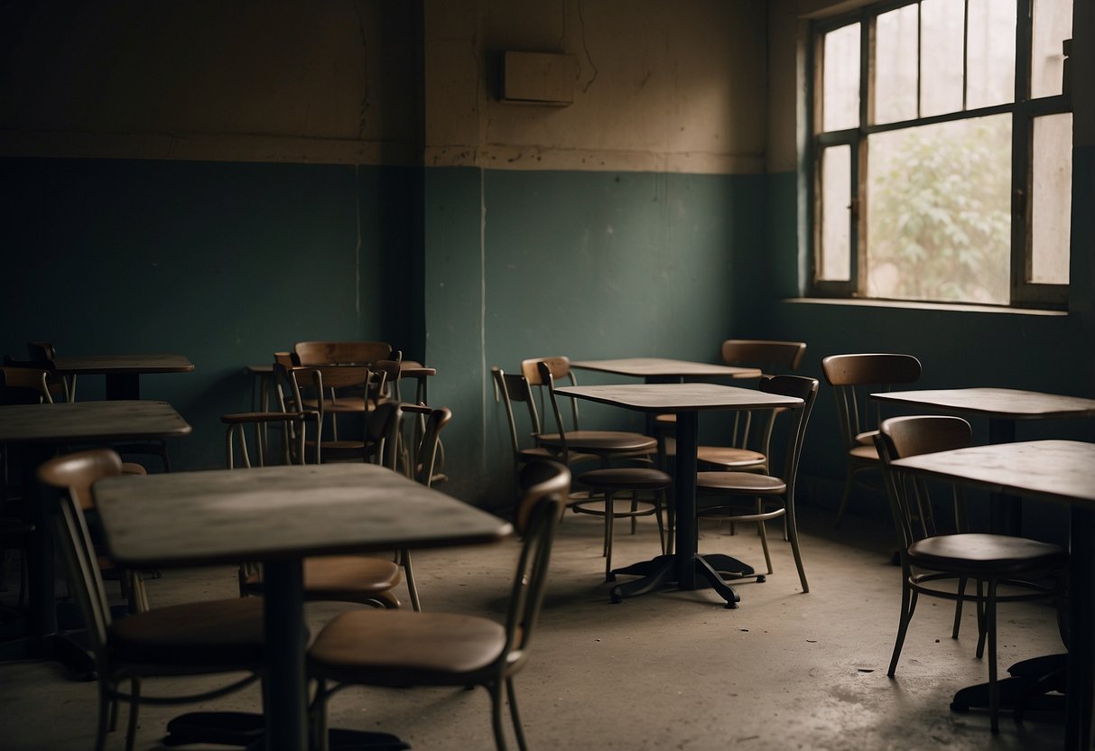 Tables and chairs arranged haphazardly in a dimly lit canteen, with worn-out cushions and chipped paint