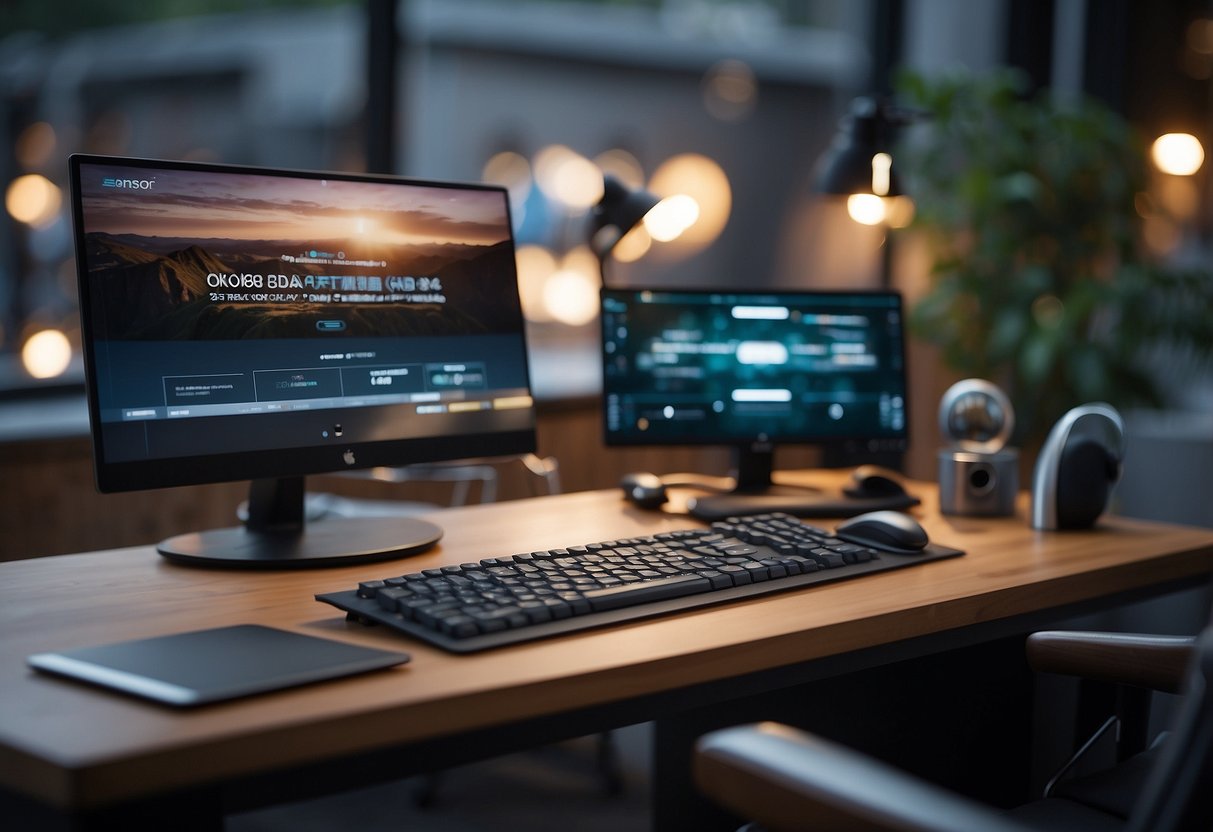 A designer downloads outdoor furniture CAD blocks. A computer screen displays the technical aspects of the furniture. A desk with a mouse and keyboard is in the foreground