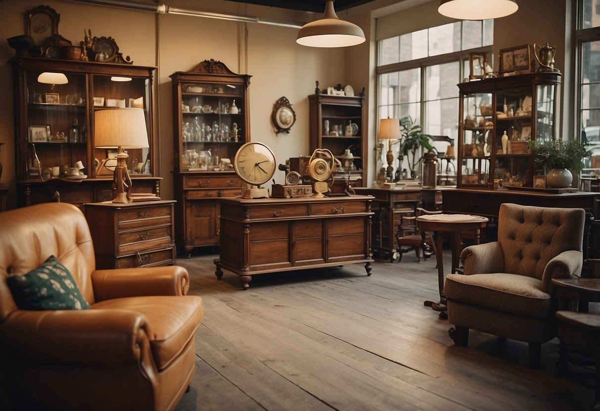 A vintage furniture shop with various items displayed. A sign reads "Frequently Asked Questions vintage furniture near me"