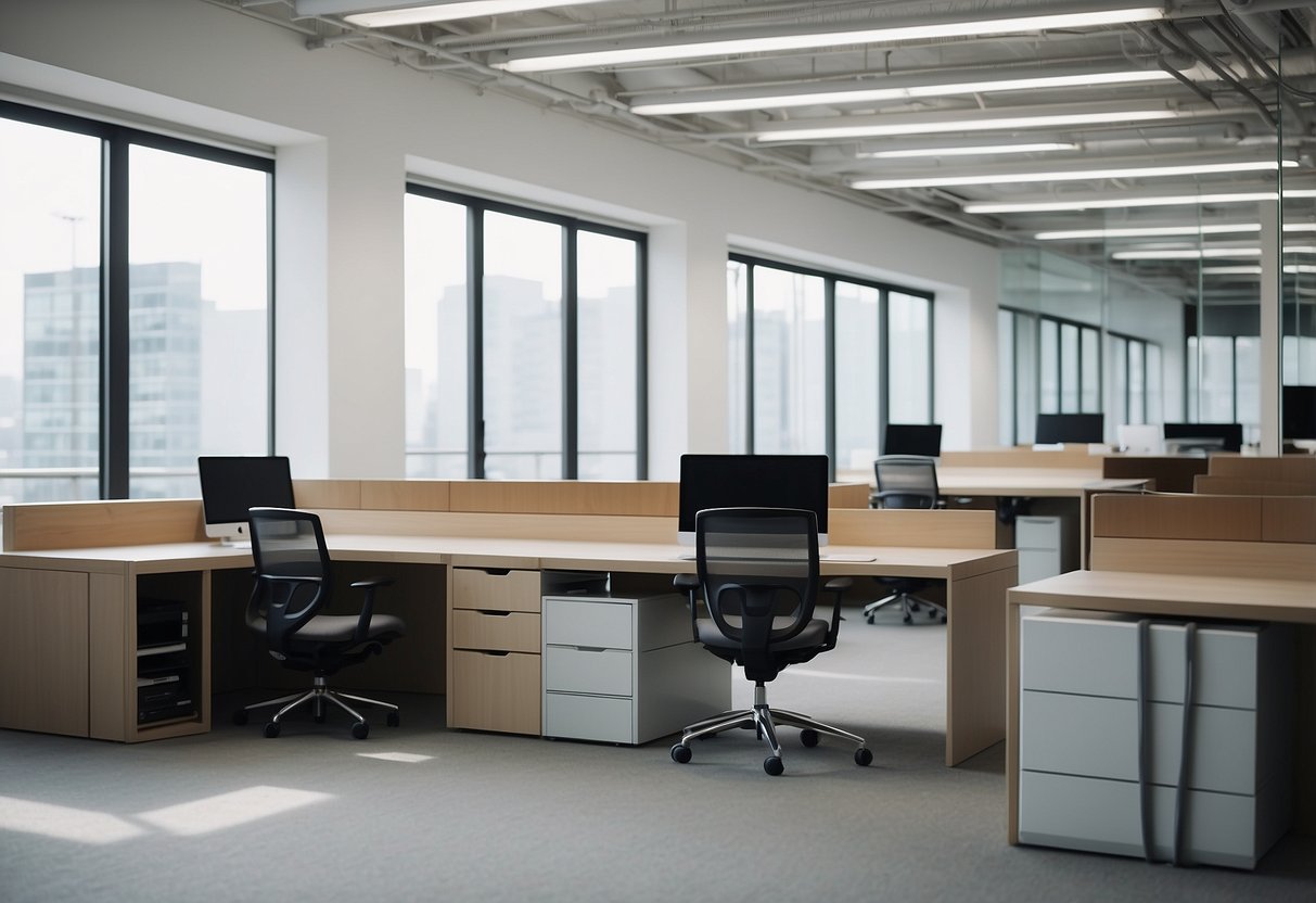 A modern Japanese office with sleek desks, ergonomic chairs, and minimalist storage units. Clean lines and natural materials create a serene work environment