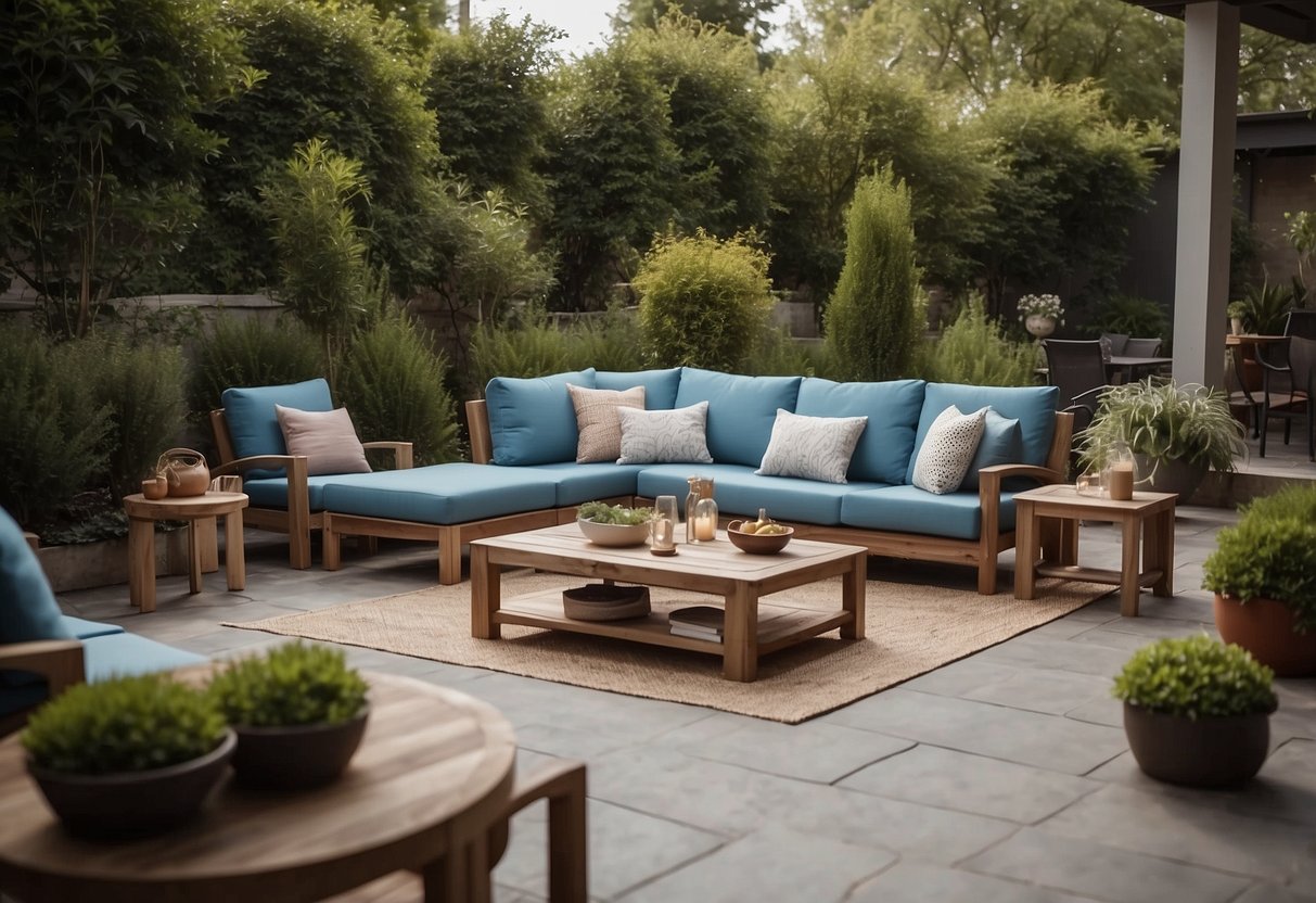 A patio with a variety of outdoor furniture pieces arranged in a functional and aesthetically pleasing manner