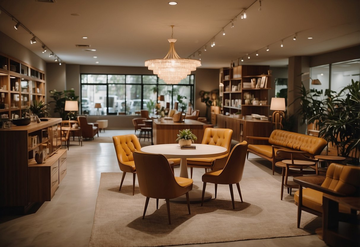 Customers browsing FAQ section with mid century modern furniture. Displayed items include chairs, tables, and shelves. Clean and minimalist design