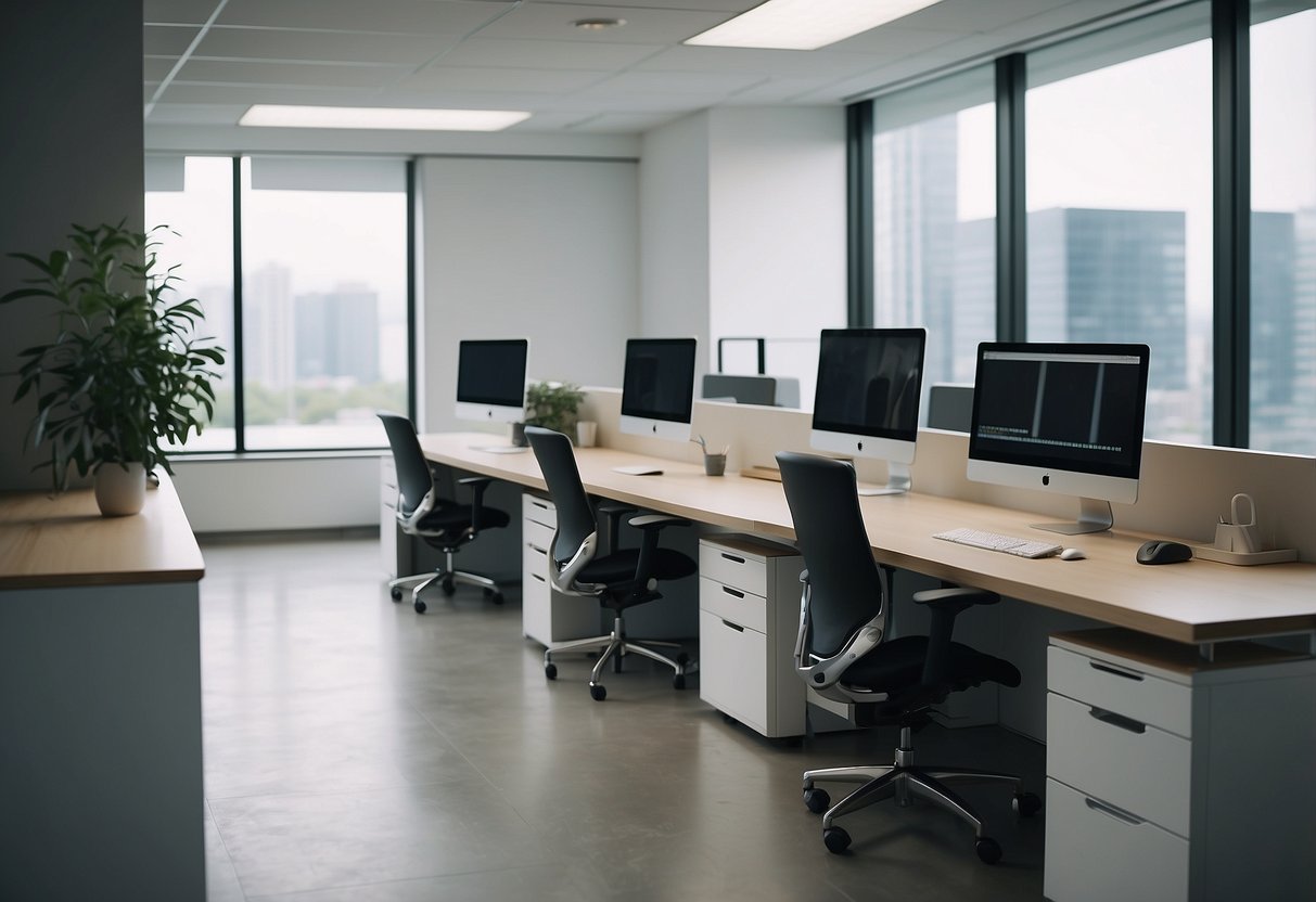A modern Japanese office with sleek desks, ergonomic chairs, and minimalist shelving. Clean lines and neutral colors create a serene and organized workspace