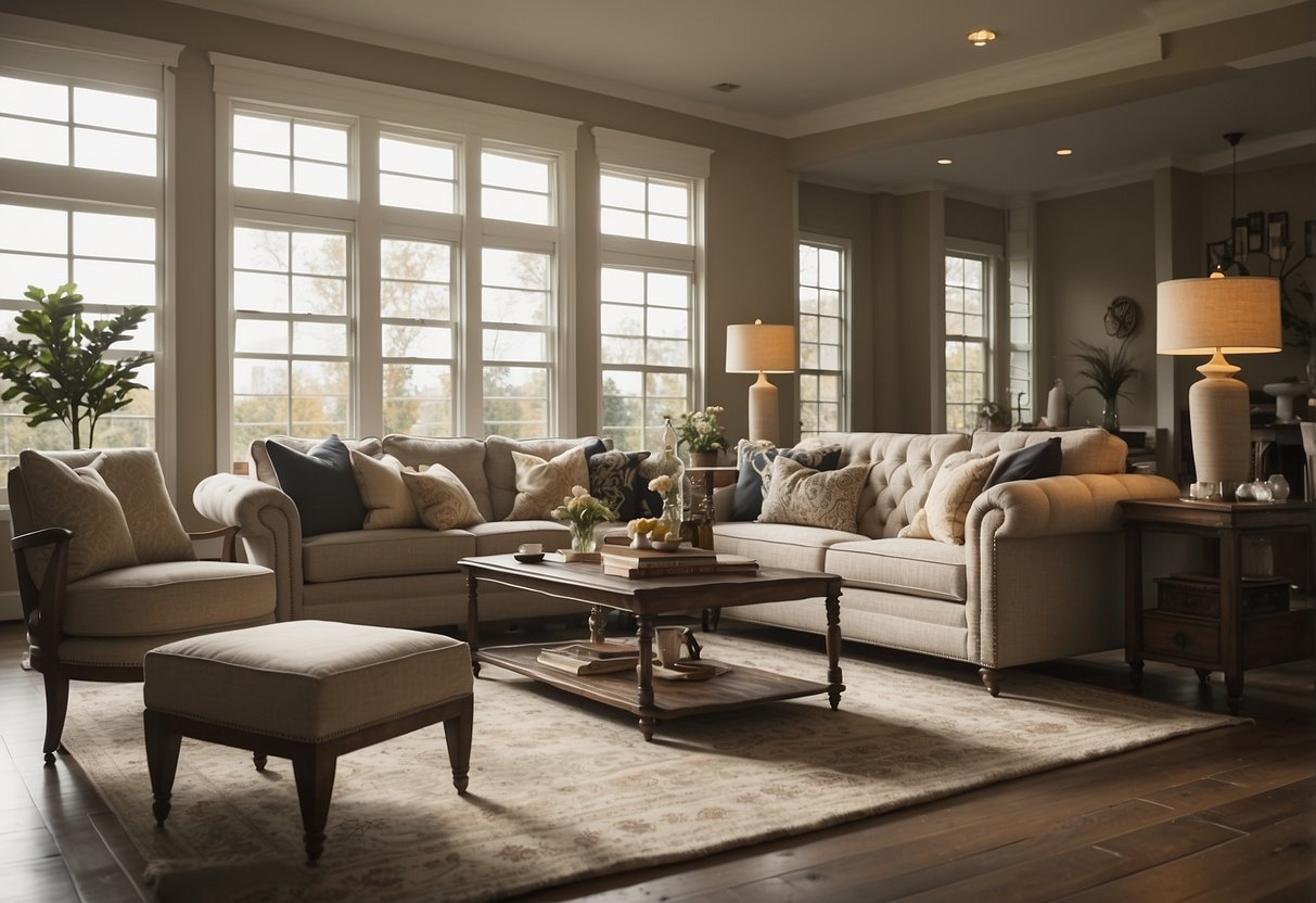 A living room with a sofa, coffee table, and rug. A dining area with table and chairs. A bedroom with a bed, nightstand, and lamp