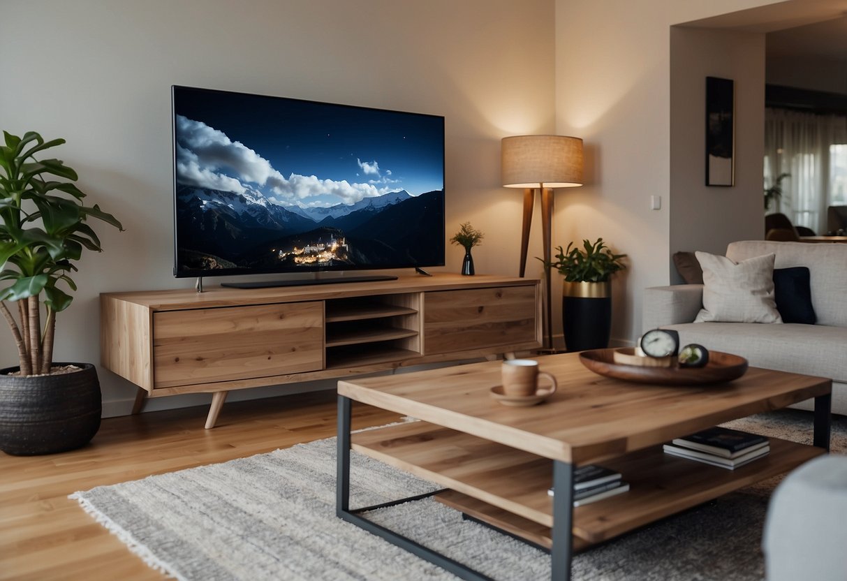 A living room with a sofa, coffee table, and TV stand. A dining area with a table and chairs. A bedroom with a bed, dresser, and nightstand
