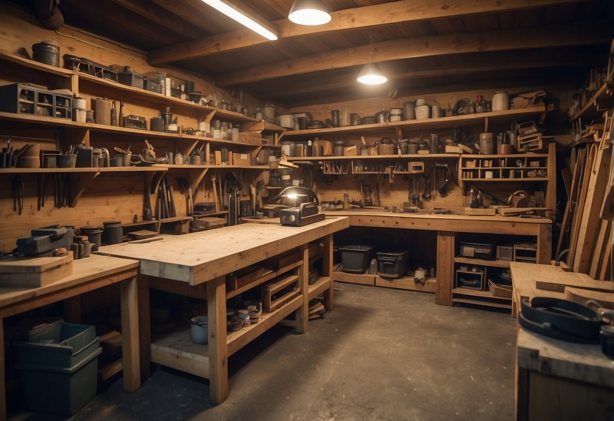 A cluttered workshop with sawdust, workbenches, and various tools. Shelves hold wood planks and finished furniture pieces
