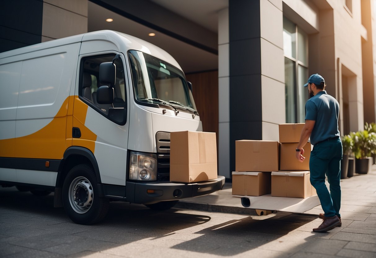 A delivery truck unloads stylish furniture packages at a doorstep, while a happy customer receives a seamless shopping experience