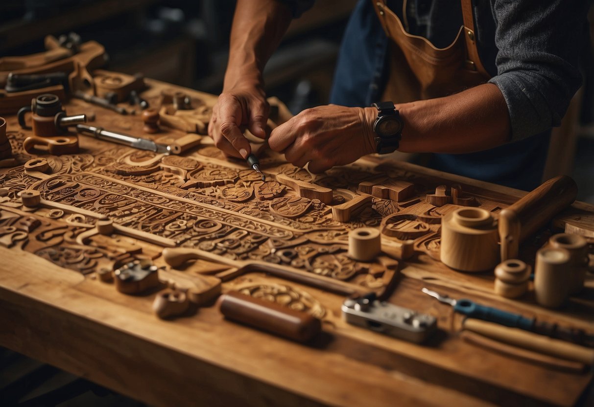 A craftsman meticulously carves intricate designs into a teak wood table, surrounded by various woodworking tools and unfinished furniture pieces