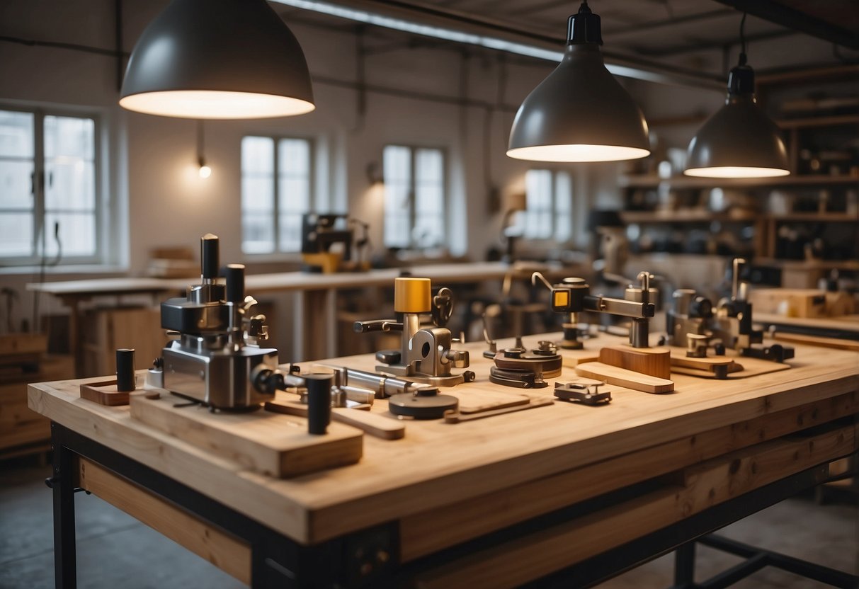 Hotel furniture being designed and crafted in a spacious, well-lit workshop by skilled manufacturers using various tools and materials