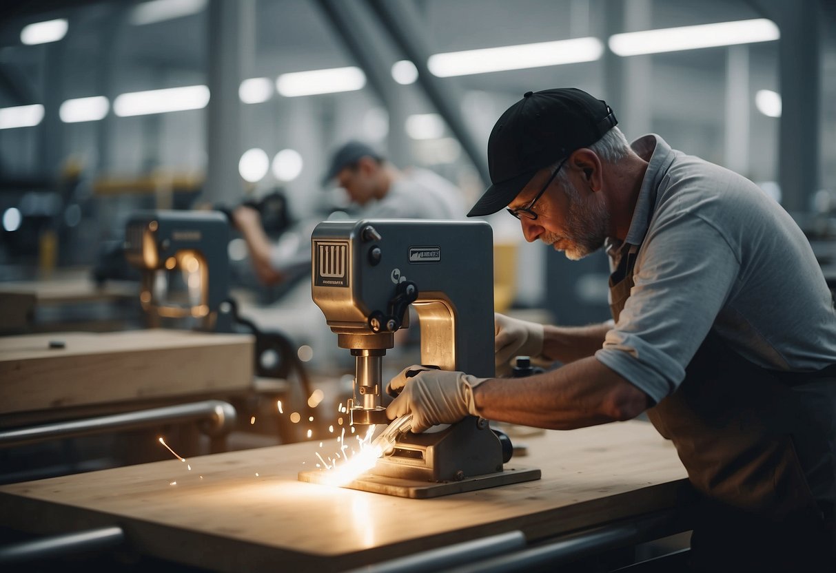 The factory floor buzzes with activity as workers assemble sleek, modern hotel furniture. Machines whir and clank, shaping wood and metal into elegant pieces