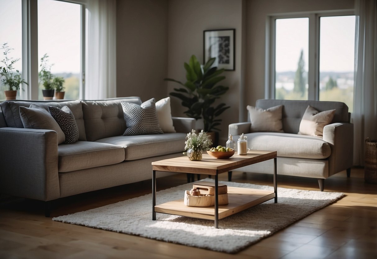 A cozy living room with a sofa, coffee table, and TV stand. A dining area with a table and chairs. A bedroom with a bed, nightstand, and dresser