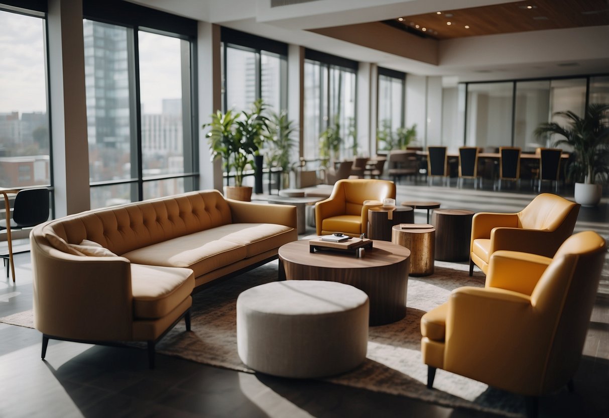 Hotel furniture manufacturers collaborate on project management, discussing designs and timelines in a modern office setting