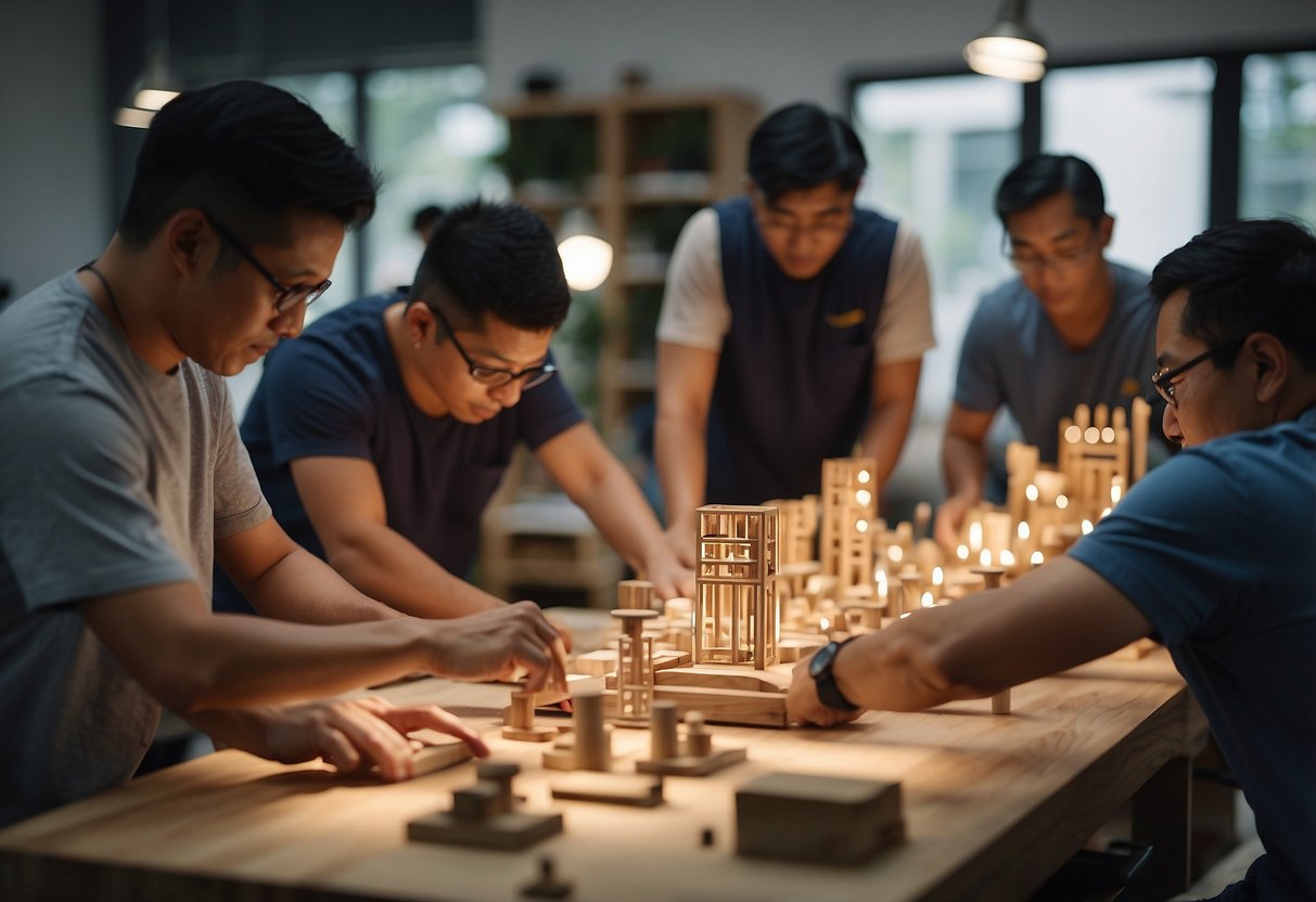 A group of individuals are actively participating in a furniture workshop in Singapore, engaging in hands-on learning and collaborative activities