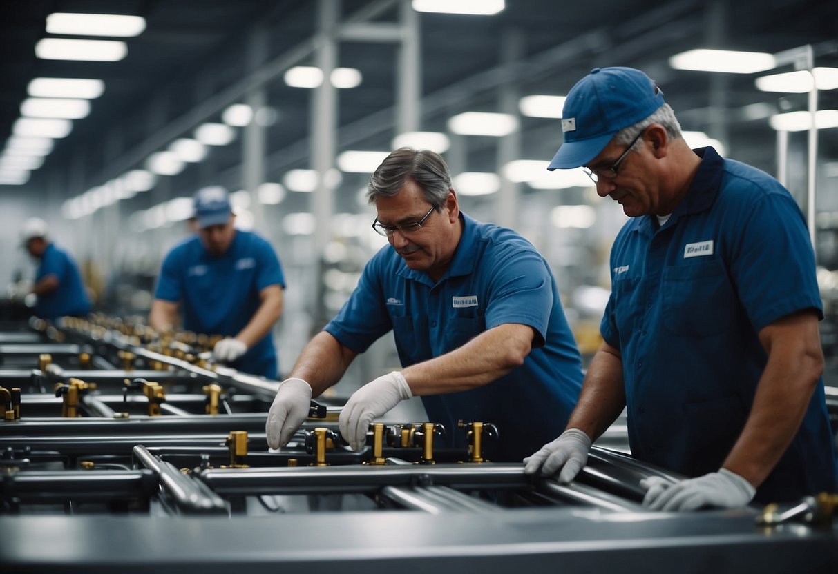 A busy hotel furniture manufacturing facility with workers assembling and inspecting various pieces. Machinery hums as products move down the production line