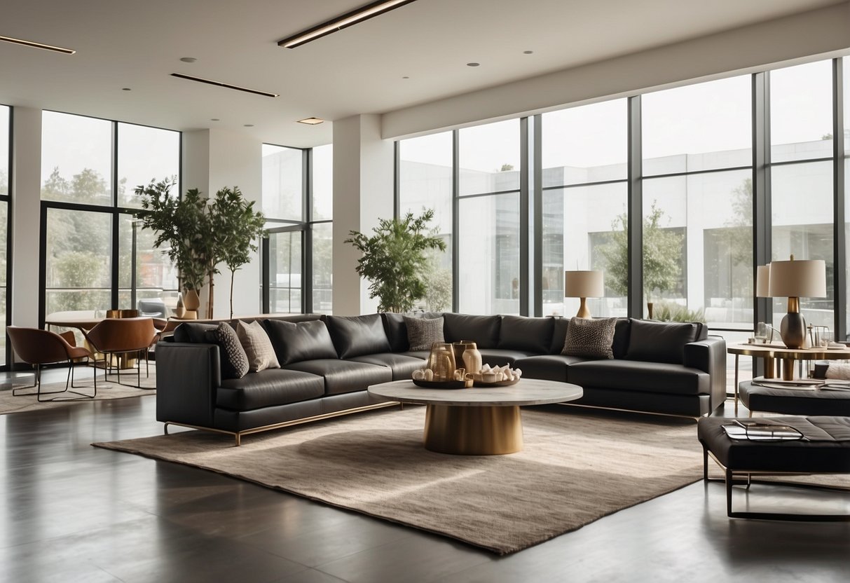 A spacious showroom with modern furniture displays and elegant design pieces. Natural light floods the space, highlighting the clean lines and sleek finishes of the furnishings