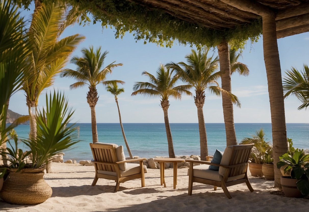 A beachside patio with palm tree furniture and a view of the ocean