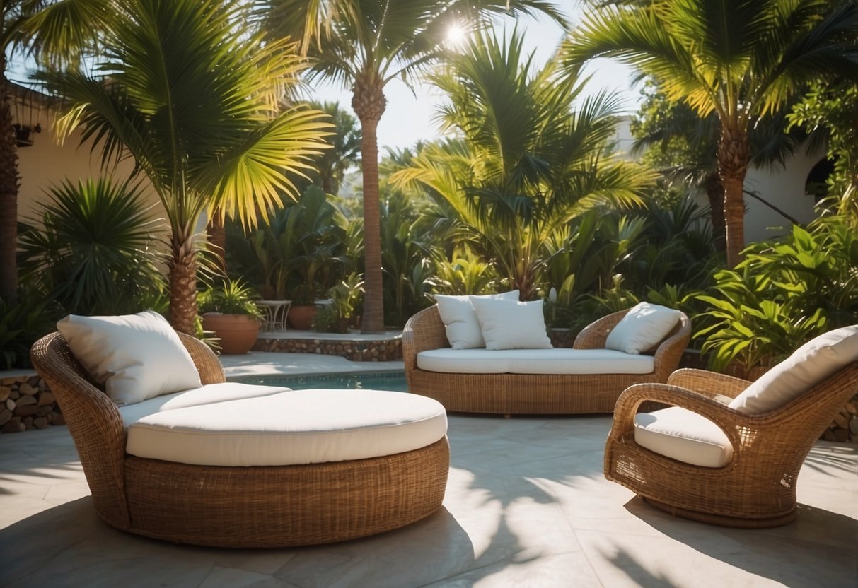 A cozy outdoor setting with palm tree furniture, surrounded by lush greenery and a clear blue sky