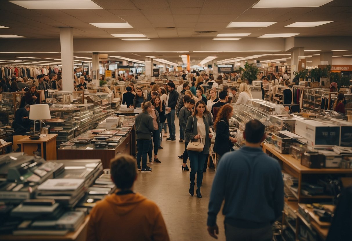 A crowded thrift store with shelves of discounted furniture and people browsing for deals