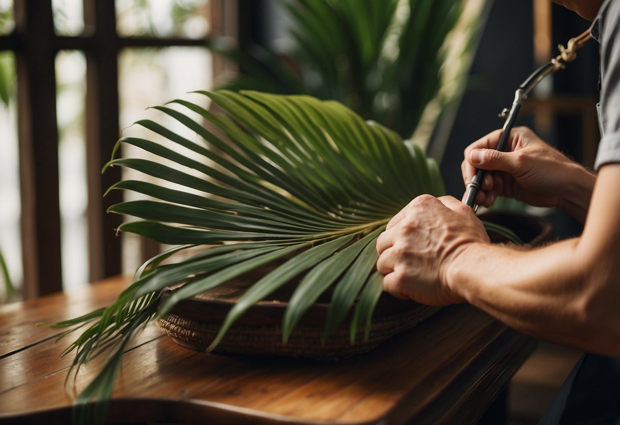A skilled craftsman carefully shapes palm tree fronds into elegant furniture