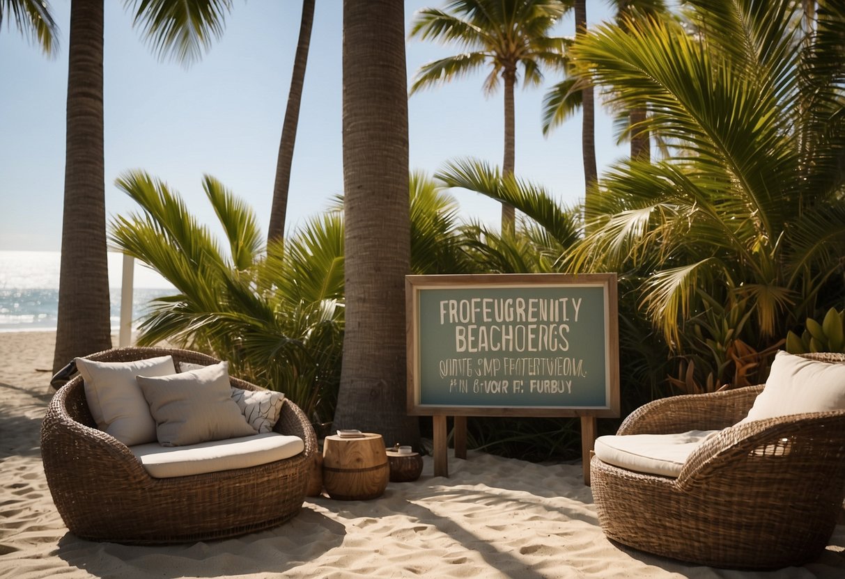 A palm tree with coconuts and leaves, surrounded by outdoor furniture with a sign reading "Frequently Asked Questions" on a beachfront
