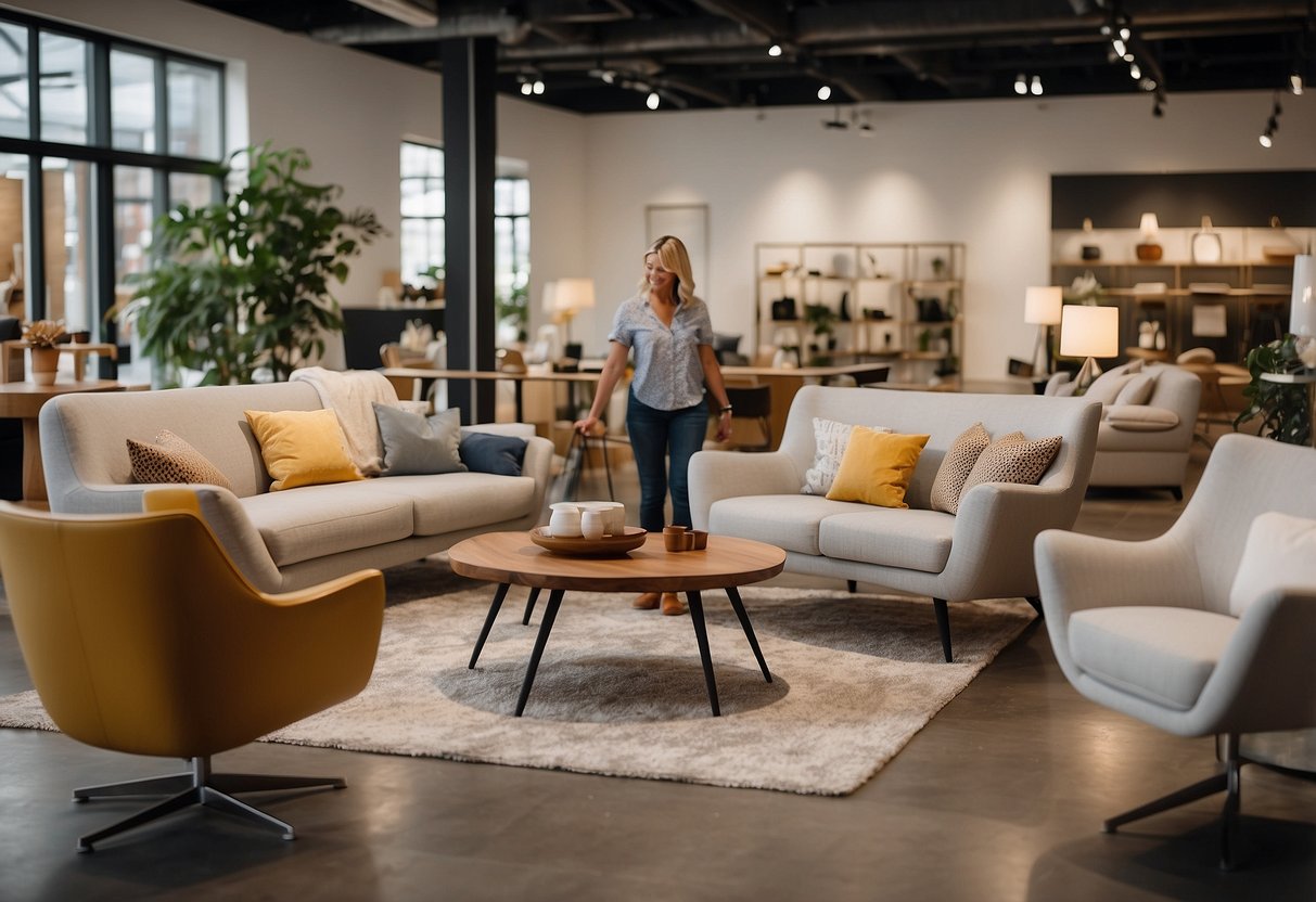 A customer browses through a variety of furniture options in a spacious and well-lit showroom. Price tags are clearly displayed, and the atmosphere is welcoming and relaxed