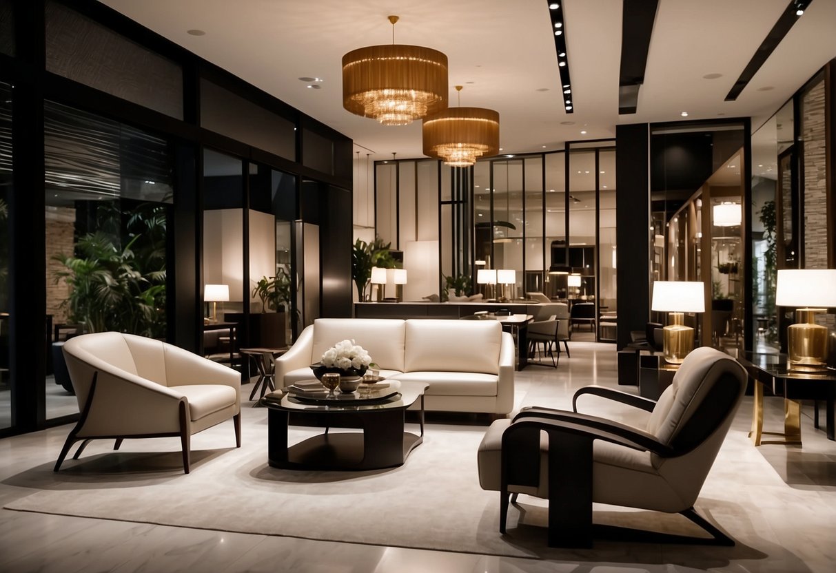 Customers browsing through La Cafa furniture showroom, admiring modern designs and luxurious finishes. Bright lighting highlights the sleek lines and elegant details of the furniture pieces on display