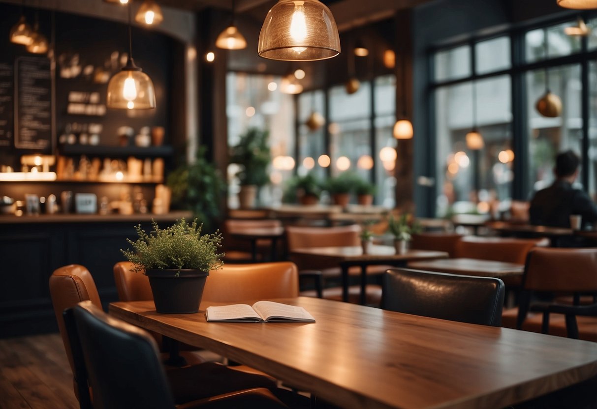 A cozy cafe with modern furniture and stylish design. Customers browsing through the FAQs booklet. Warm lighting and inviting atmosphere