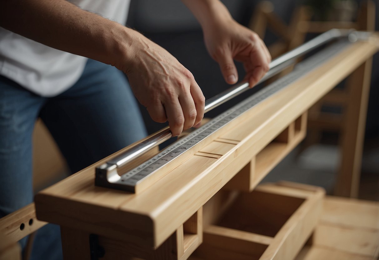 A person uses a level to adjust the legs of a piece of furniture until they are all even and stable