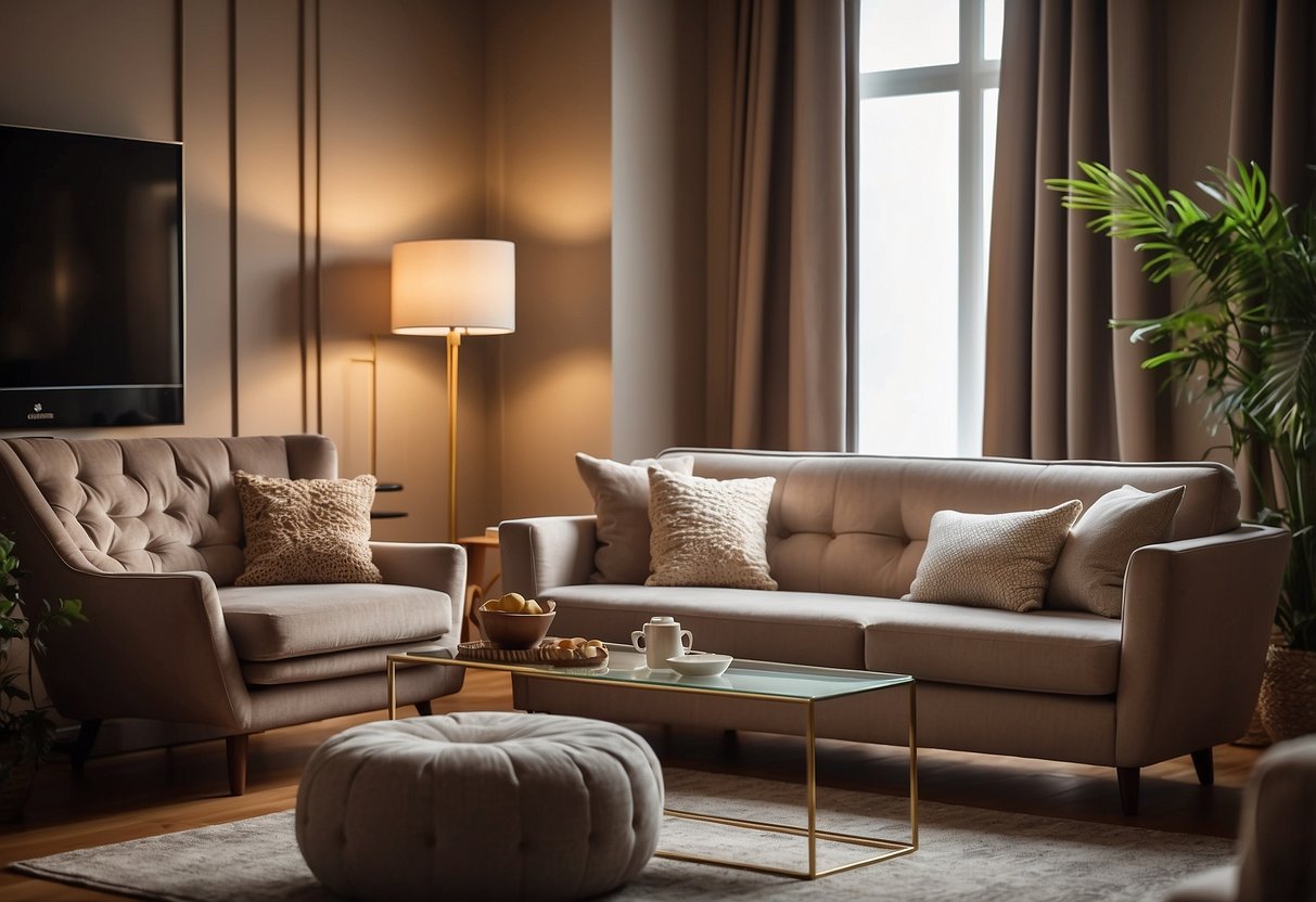 A cozy living room with Garnier furniture, featuring a plush sofa, elegant coffee table, and stylish armchair. Warm lighting illuminates the room, creating a welcoming atmosphere