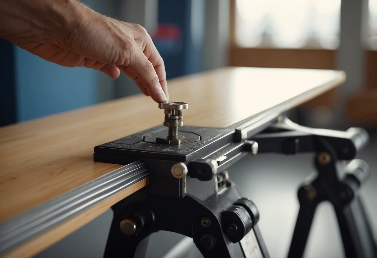 A table with uneven legs sits on a level surface. A person uses a level tool to adjust each leg until the table is stable and balanced