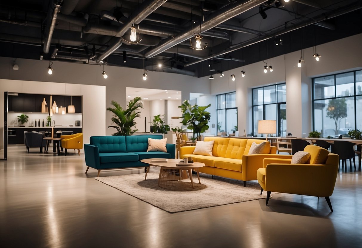 A well-lit showroom with modern furniture displays and a sleek design aesthetic. Bright colors and clean lines create an inviting atmosphere for customers