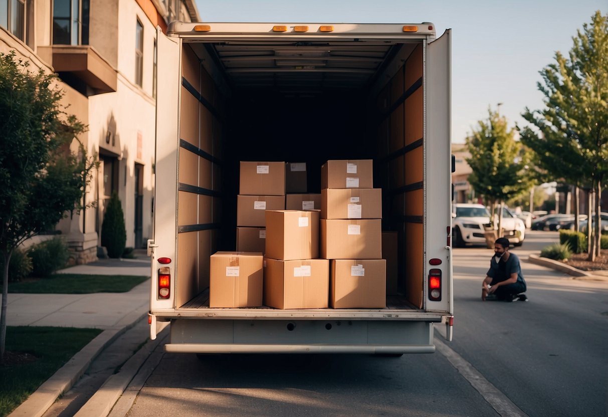 A delivery truck unloads boxes at Garnier Furniture store. Staff members organize items inside the showroom