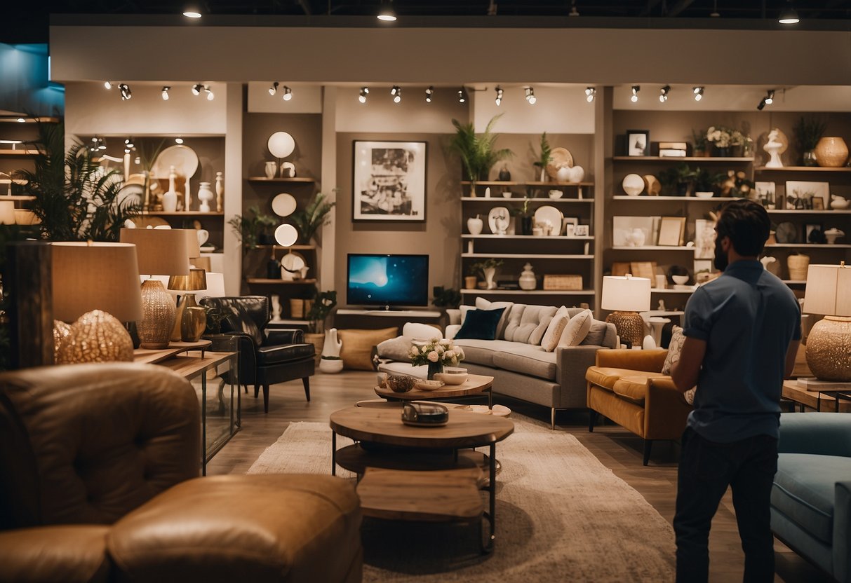 A person browsing through a variety of furniture options in a store, comparing prices and styles to find the perfect pieces for their home