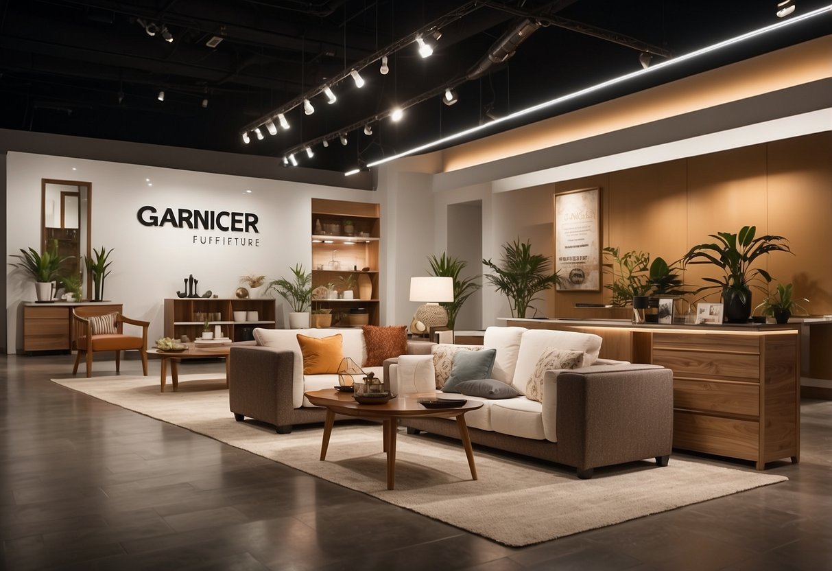 A display of Garnier furniture with a prominent "Frequently Asked Questions" sign. Showcases various furniture pieces in a well-lit showroom setting
