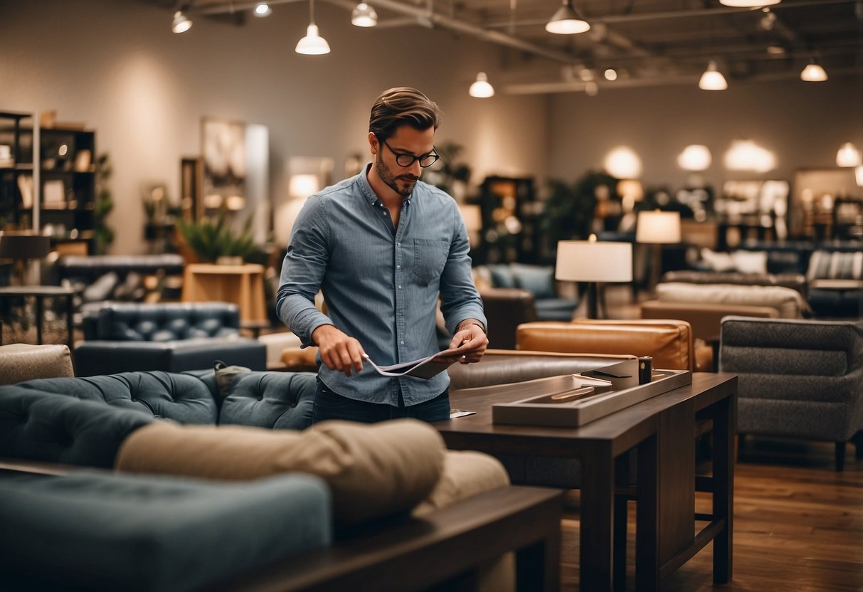 A customer browsing through a variety of affordable furniture options in a store, comparing prices and examining the quality of the items