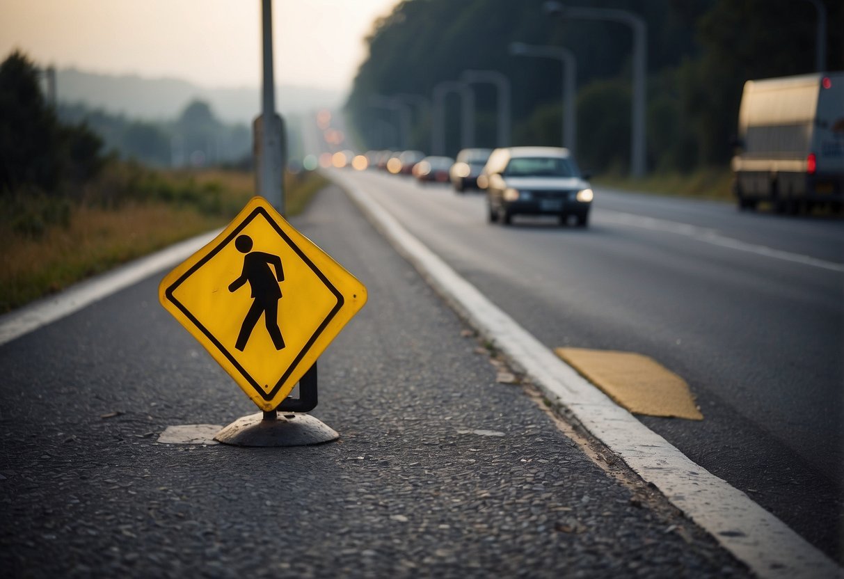 The scene includes various types of road furniture such as traffic signs, signal lights, speed bumps, and guardrails placed along the roadside