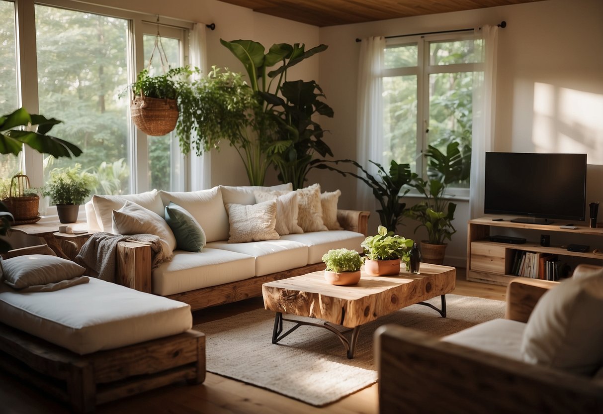 A cozy living room with tree trunk furniture, including a coffee table, chairs, and shelves, surrounded by lush greenery and warm natural light