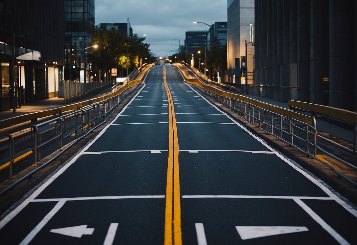 A road stretches ahead with various types of road furniture including signs, traffic lights, and barriers