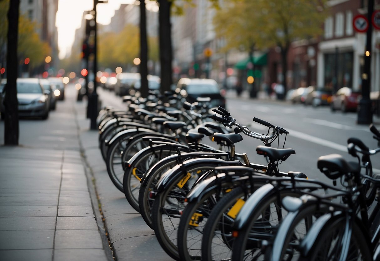 A bustling city street with traffic signs, benches, and bike racks strategically placed for pedestrians and cyclists