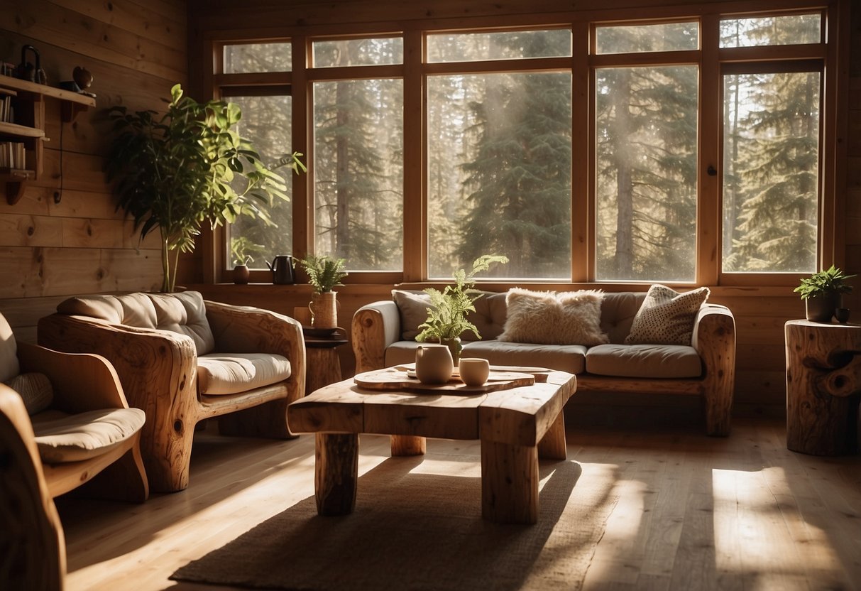 A cozy living room with tree trunk furniture, including a coffee table, chairs, and shelves made from natural wood. Sunlight filters through the windows, casting warm shadows on the rustic, earthy decor