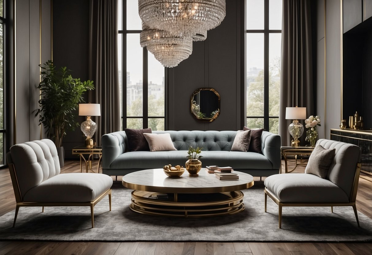 A lavish living room with sleek, modern furniture and opulent decor. Rich textures and elegant designs exude luxury and sophistication
