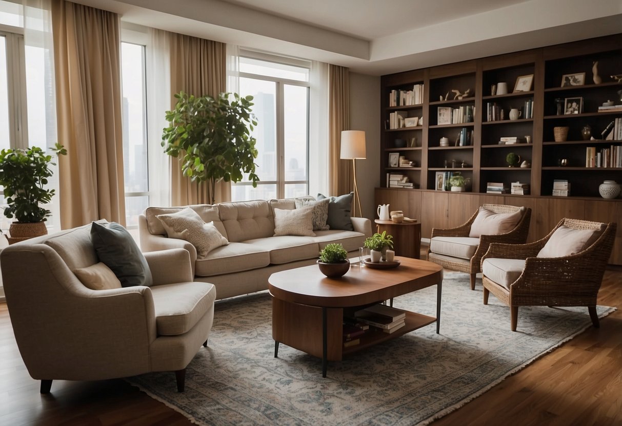 A room with a variety of furniture: a sofa, a coffee table, a bookshelf, a dining table with chairs, and a bed with nightstands