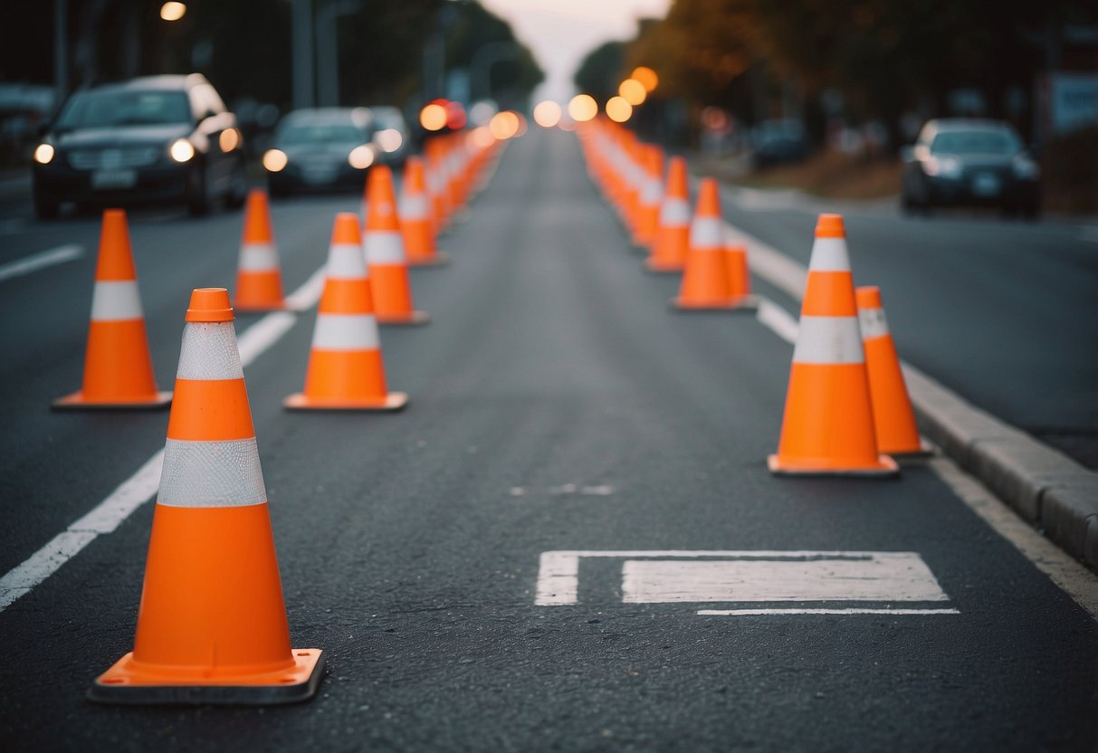 Road furniture including signs, traffic cones, and barriers arranged in a neat and organized manner along a road