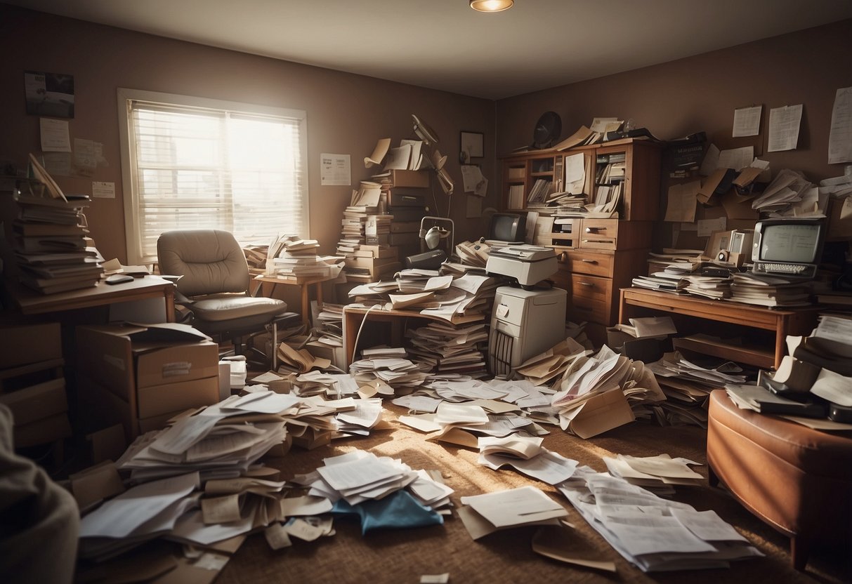 A cluttered room with overturned furniture, scattered items, and a stack of papers with "Frequently Asked Questions unturned furniture id" written on top