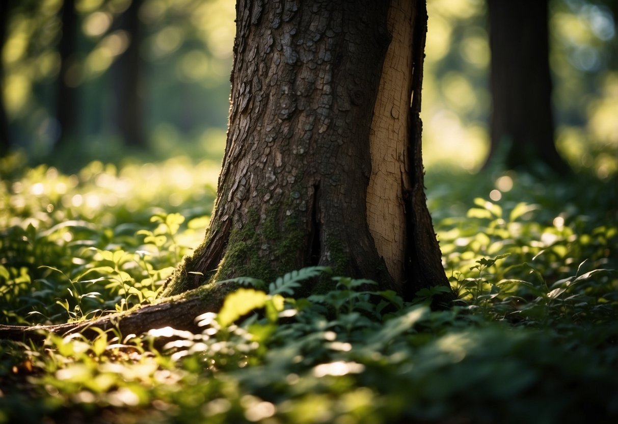 A sturdy tree trunk stands upright, its textured bark peeling in some areas. It is surrounded by lush green foliage, with sunlight filtering through the leaves, casting dappled shadows on the ground